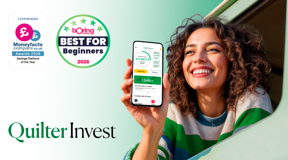 Quilter promotional banner with a young woman smiling and showing her phone screen